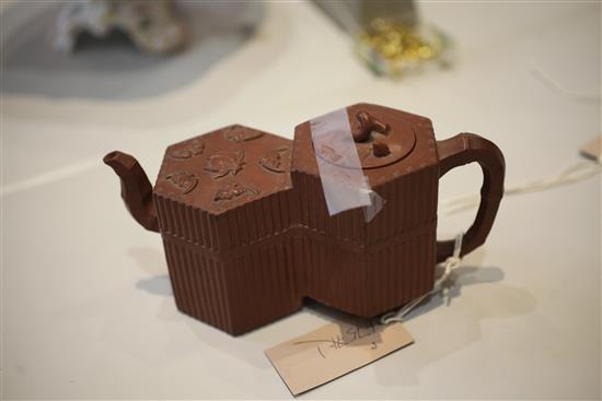 A Yixing pottery double hexagonal teapot and cover, 19th century, 20.5cm
